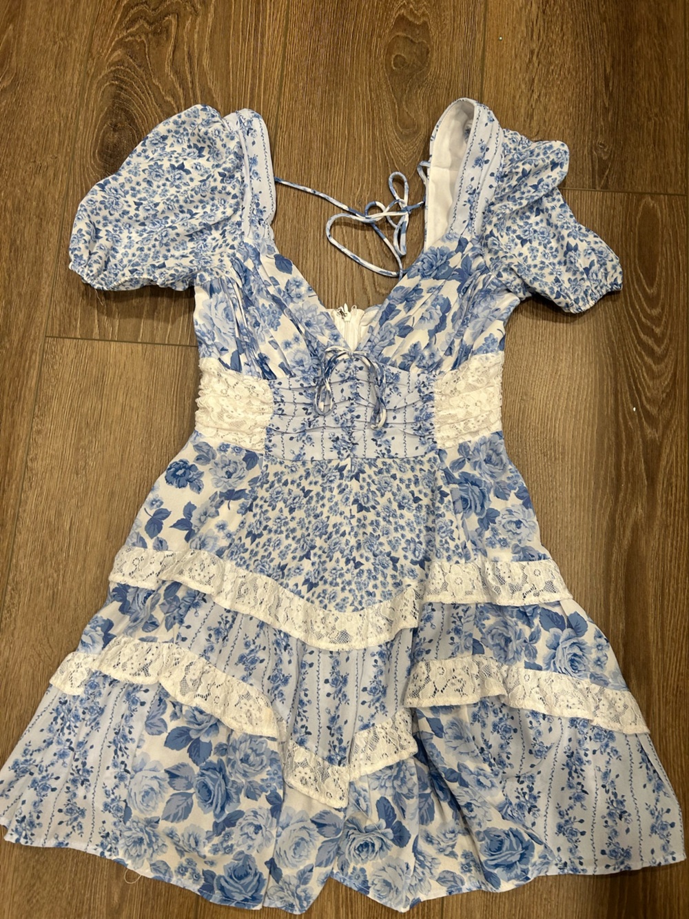 Altar’d State Blue & White Floral Lace-Up Mini Dress